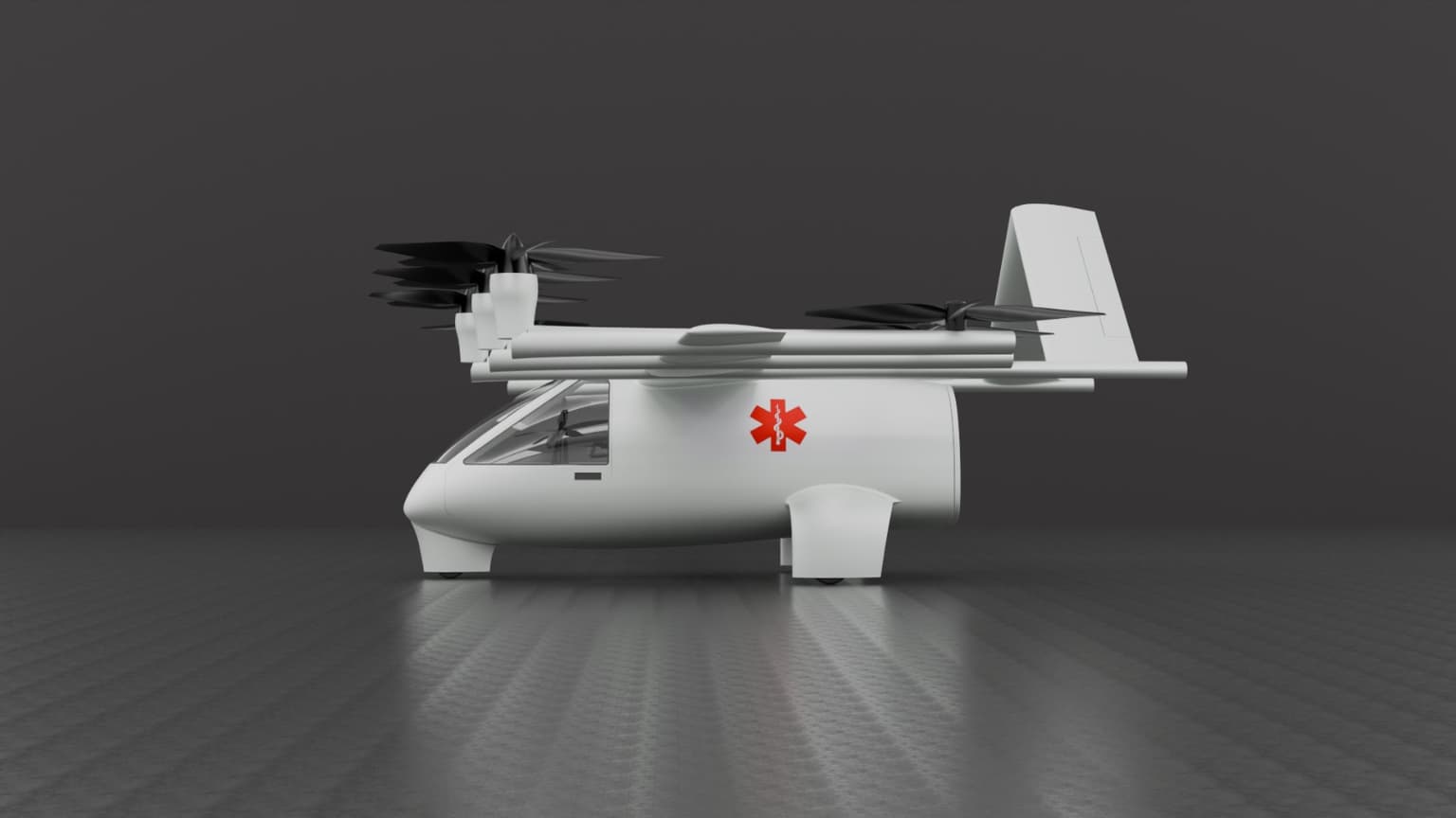 Full side profile of the AYUDX2 illustrating dedicated medical-first airframe geometry and wide patient cabin