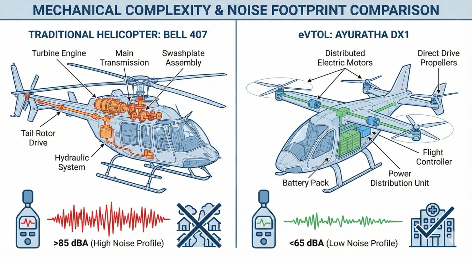 Technical infographic comparing a Bell 407 helicopter and the AyuRatha DX1 eVTOL for noise and mechanical complexity