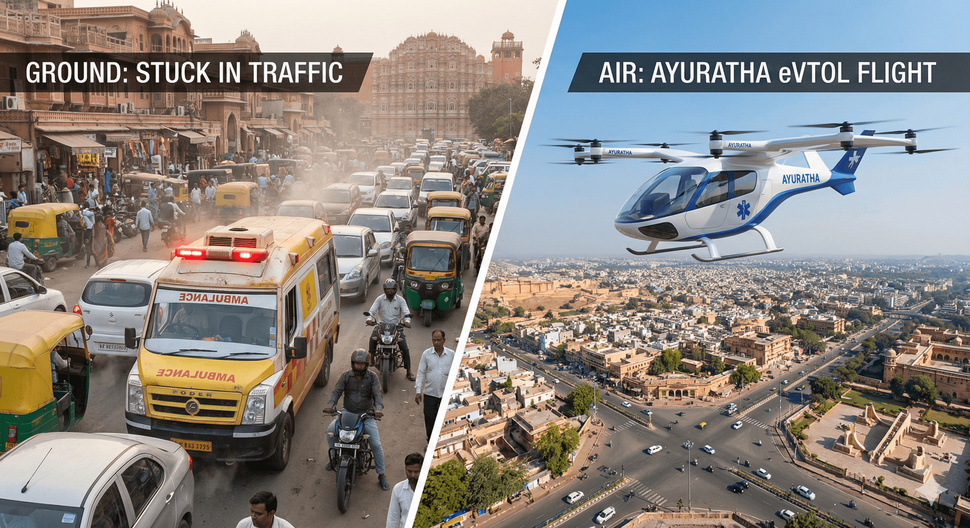 Split-screen showing an ambulance stuck in Jaipur traffic beside an AyuRatha DX1 eVTOL flying above the city