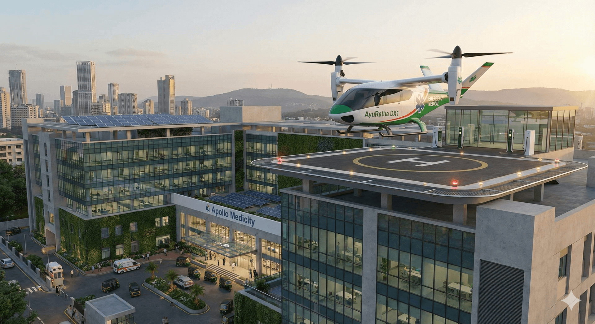 3D render of the AyuRatha DX1 landing on a compact hospital vertiport in Jaipur