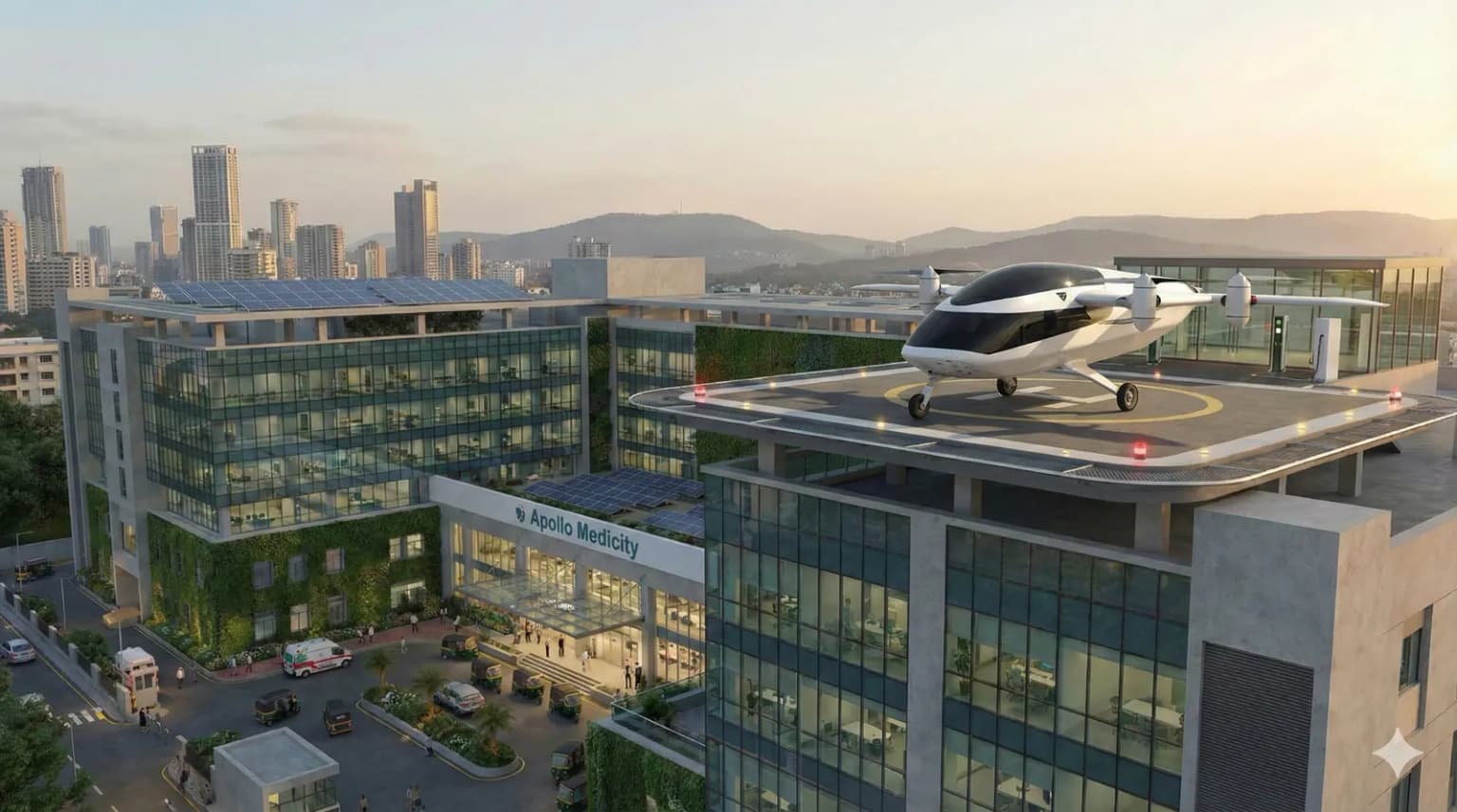 3D render of the AyuRatha DX1 landing on a compact hospital vertiport in Jaipur