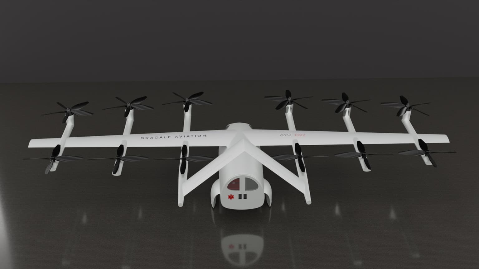 Elevated rear three-quarter view of the AYUDX2 showcasing aerodynamic efficiency and tilt-rotor propulsion architecture